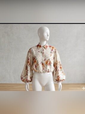 Floral Puff-Sleeve Collared Blouse - Cream Floral